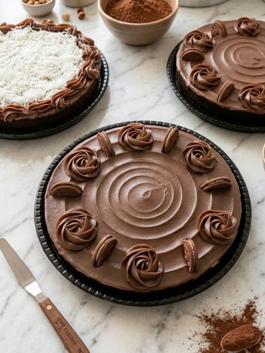 Tortas de chocolate finalizadas na bancada da confeitaria